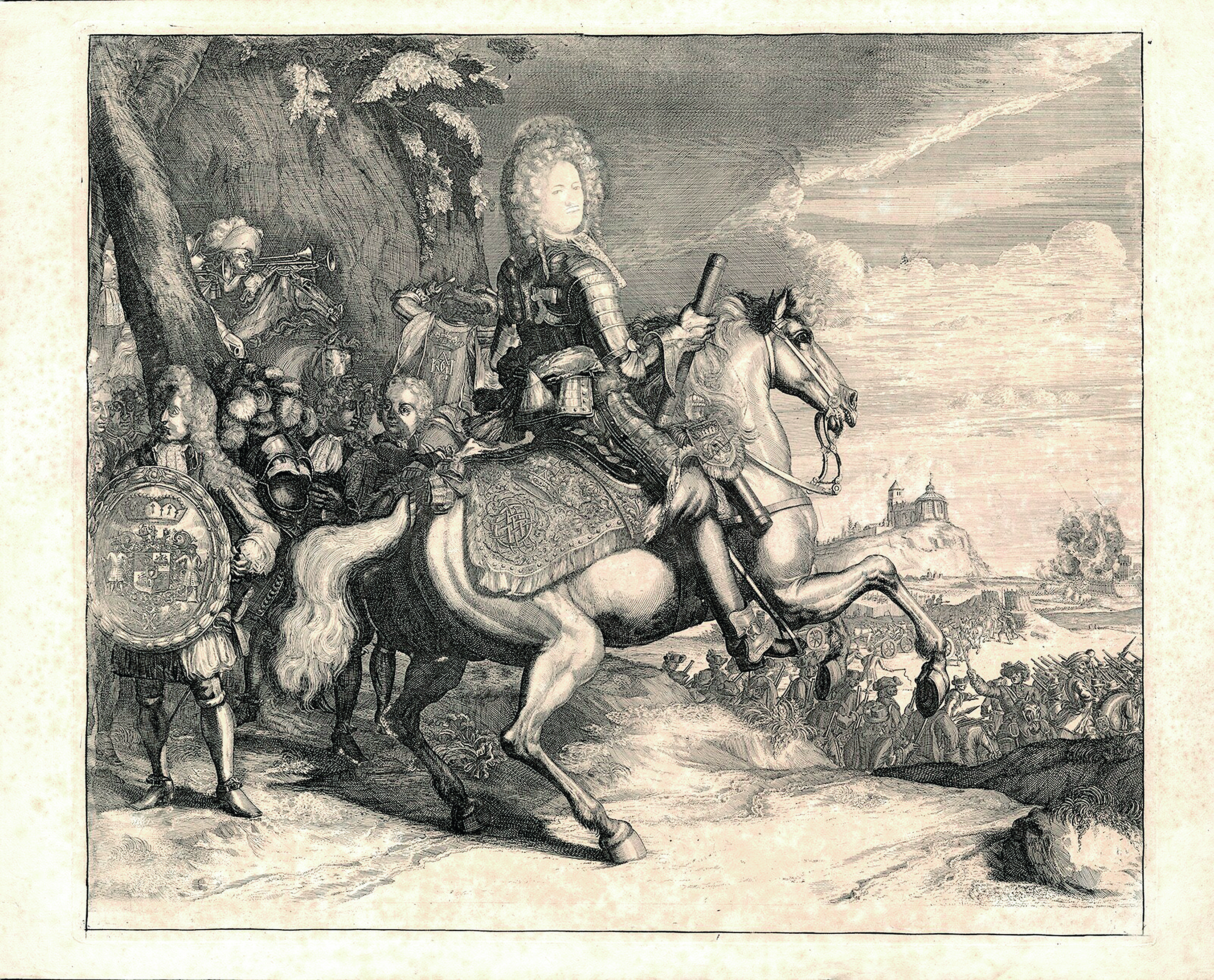 гравюра Пикарта «А. Д. Меншиков на коне на фоне сражения при Калише», .jpg