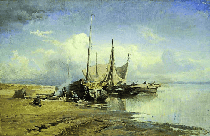 Ф.А. Васильев. Вид на Волге. Барки. 1870. Холст, масло. ГРМ.png