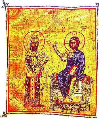 Император Алексей I Комнин перед Христом (Миниатюра, XIII&mdash;XIV век, библиотека Афинского колледжа)_soder.png