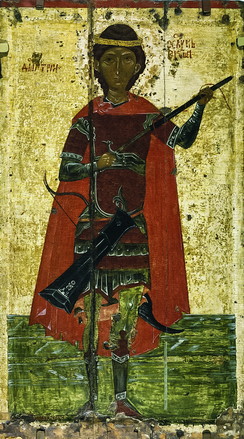 дмитрий солунский Конец XIV &mdash; начало XV, XVI вв. Псков. Дерево, темпера. Из коллекции Н. П. Лихачева.png